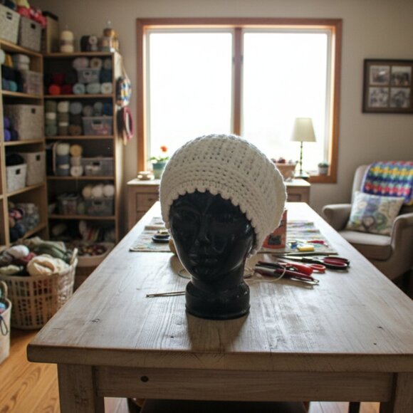 Handmade White Crochet Slouchy Beanie Worsted Weight Winter Hat Soft Acrylic - Picture 9 of 10